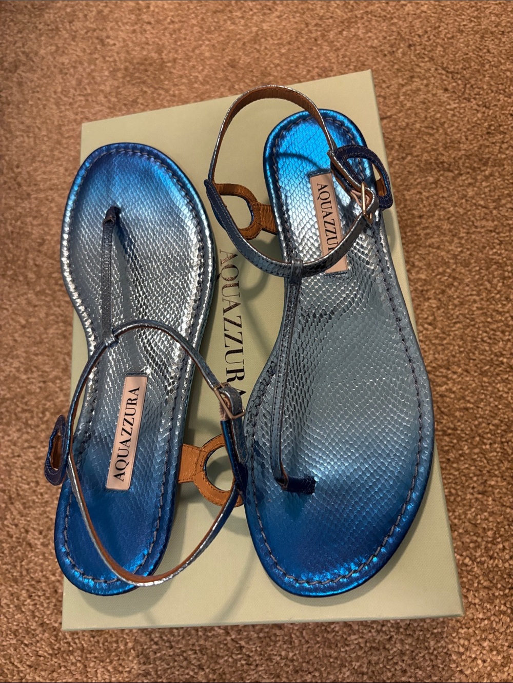 Aquazzura Metallic Blue T-Strap Sandals size 38 NWOT